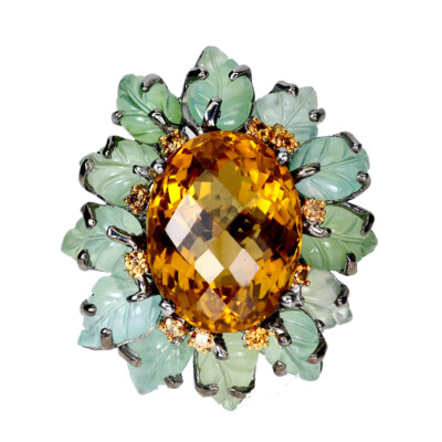 Valentine 925 Silver Ring Oval Citrine 26ct Aventurine Handmade - Main Image