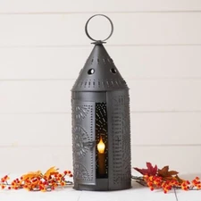 Primitive/Colonial Punched Tin 21-Inch Lantern Smokey Black Country