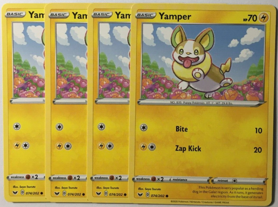 POKEMON 4X YAMPER 074/202 SWORD & SHIELD COMMON NEAR MINT-PLAYSET