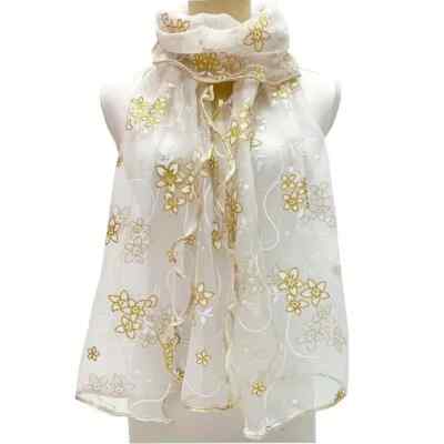 Ruffles Flower Embroidery Scarf Elegant Solid Color Breathable White Women Gift