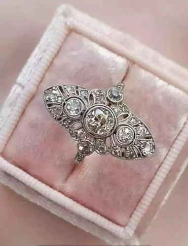 Art Deco Vintage Round Lab Created Diamond Three-Stone 925 Silver Wedding Ring