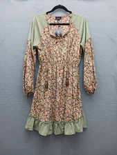 GiGiO Women M Dress Brown Floral Long Sleeve Boho Prairie Polka Dot Midi NWT