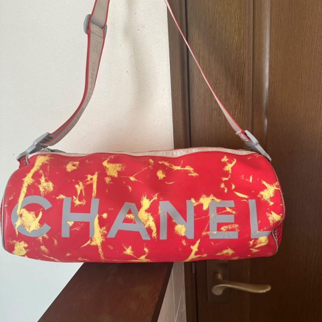 CHANEL Red Sport Line Duffle Bag Logo Print Nylon Shoulder Travel