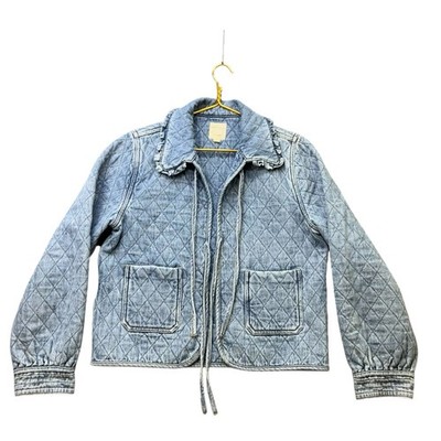 Seventy + Mochi Quilted Denim Jacket Women s M Blue Acid Wash Cropped Pockets