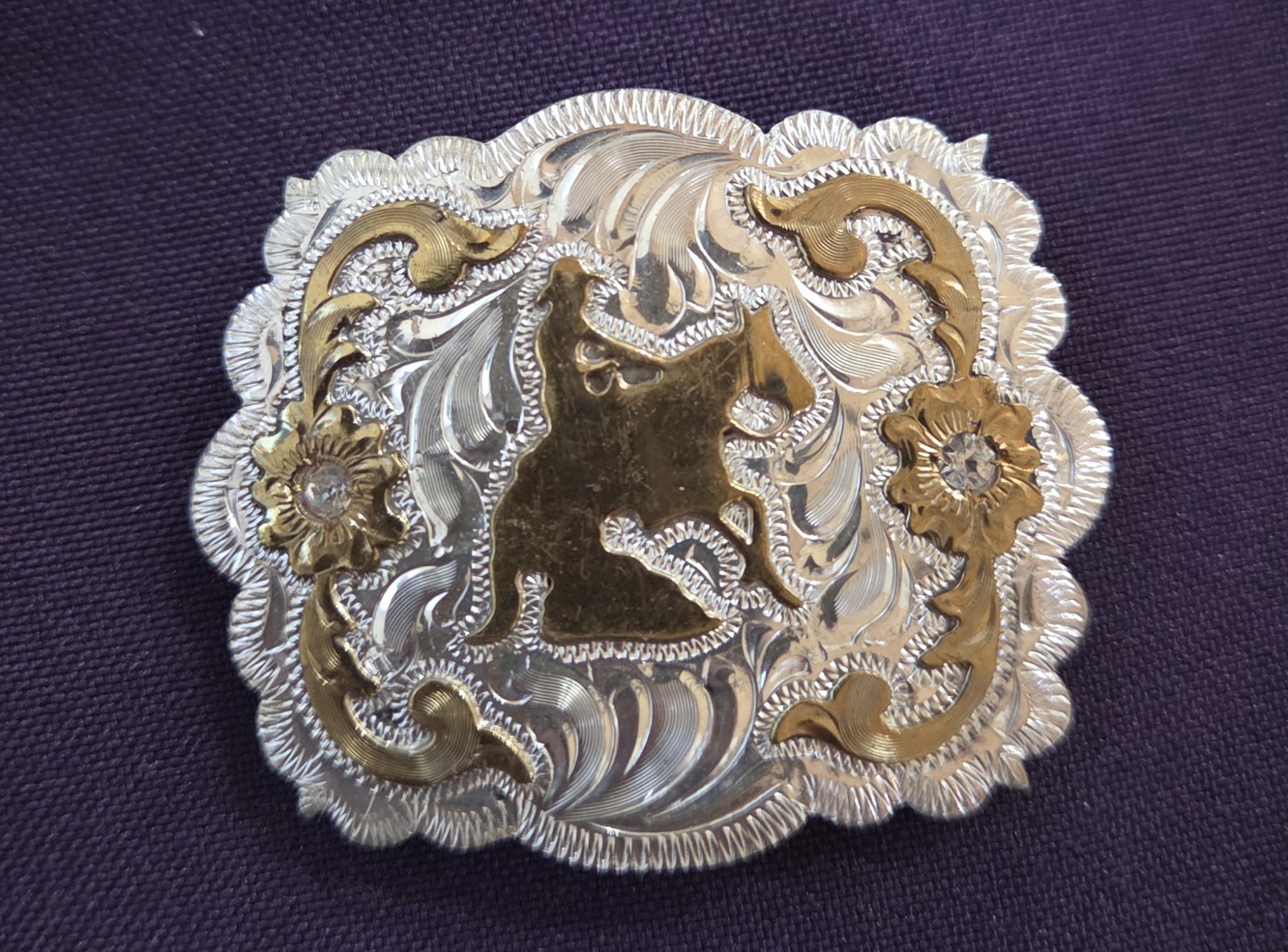 Vtg Western Sterling Silver Concho Pin / Brooch / Scarf Slide - Reining Horse 1