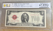 1928 G $2 LEGAL TENDER RED SEAL NOTE FR.1508 EA BLOCK PCGS B SUPERB GEM 67 PPQ