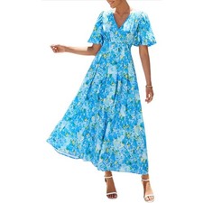 NWT SZ M Maxigerui Blue Floral V-Neck Maxi Dress Short Puff Sleeve Smocked Back