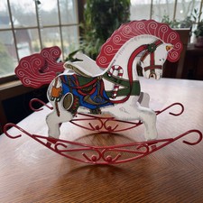 Vintage Colorful Wooden Rocking Horse Metal Base Figurine Home Decor Taiwan