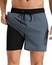 Mens Swim Trunks with Compression Liner Quick Dry Beach Shorts with Zipper Po...