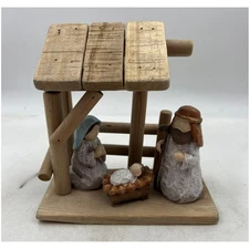 Rustic Wooden Nativity Scene Set Baby Jesus Mary Joseph Stable Christmas Decor