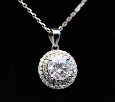 1.5 Ct Real Moissanite Double Halo Pendant Necklace 925 Sterling Silver