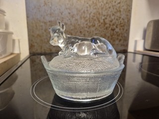 Decorative "Cow On The Hay" Glass Lidded Butter Dish