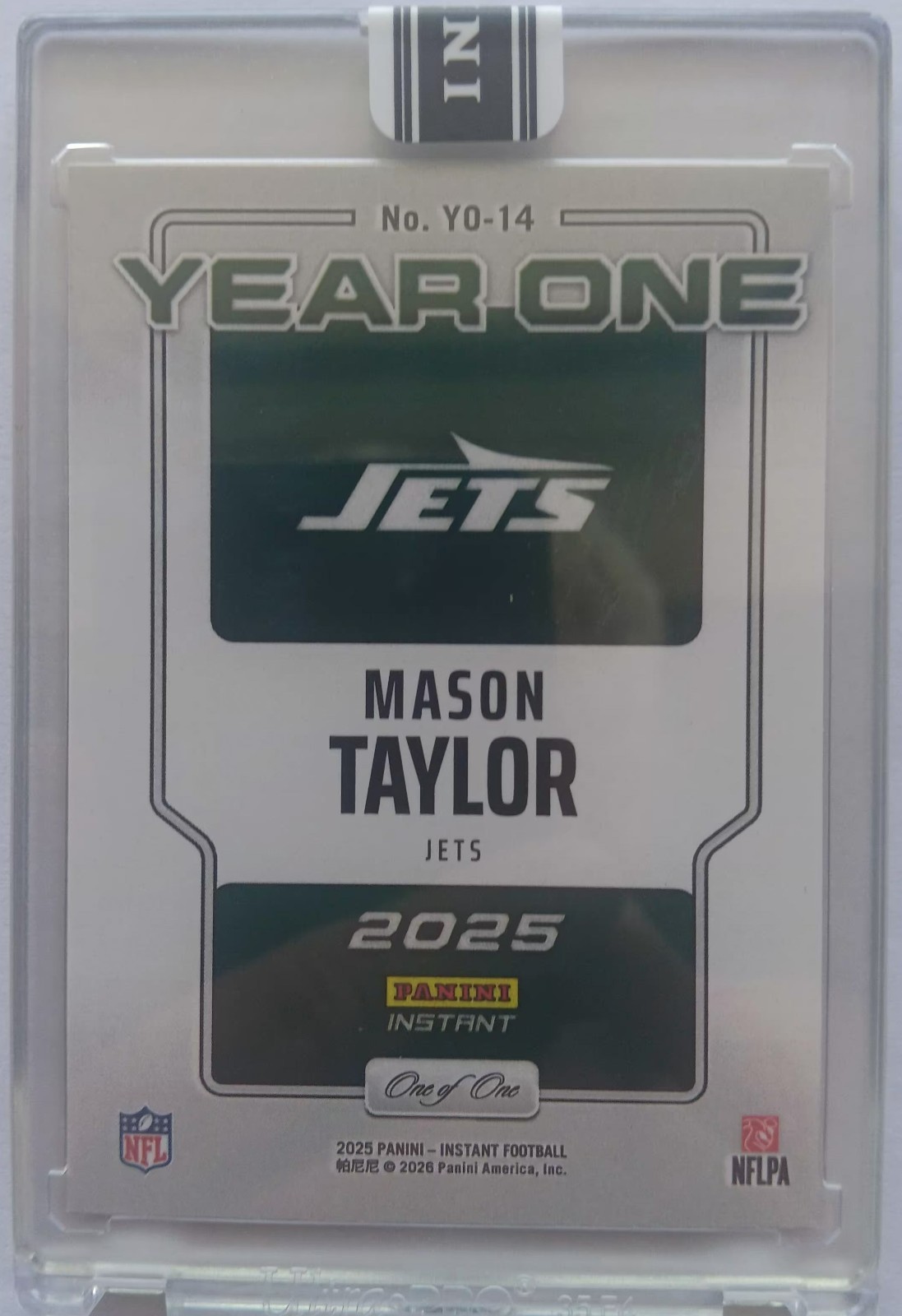 Mason Taylor JETS 2025 PANINI INSTANT YEAR ONE YO-14 BLACK One of One 1/1 RC view 3