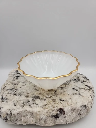 Art Deco Anchor Hocking Milk Glass Serving Bowl With Fluted, Scalloped Gold Rim