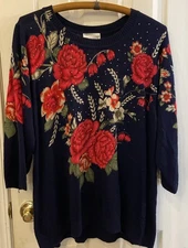 Rebecca Malone Womens Size 2X Blue w/ Red Roses Long Sleeve Pullover Sweater