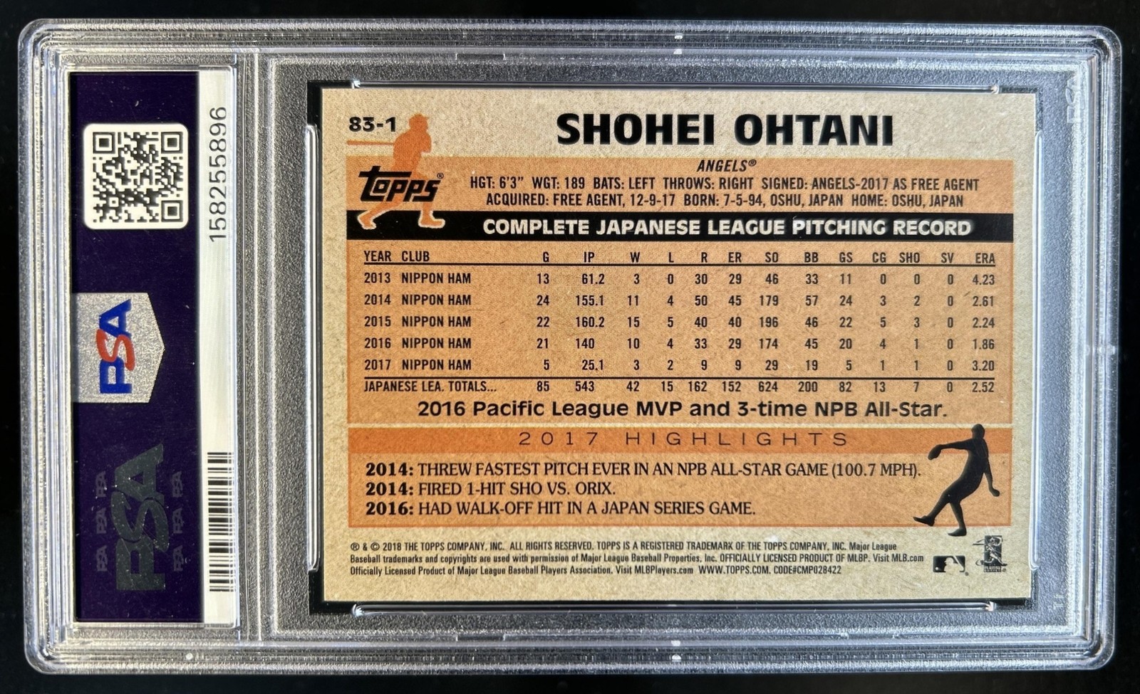 2018 Topps Shohei Ohtani 1983 Baseball Rookies RC Rookie #83-1 Angels PSA 10 view 2