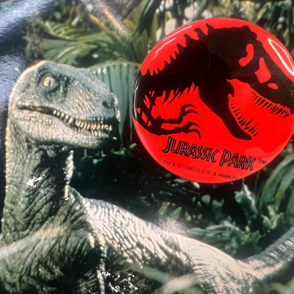 1992 Jurassic Park Birthday Card with Badge Original Velociraptor - image 2 of 4