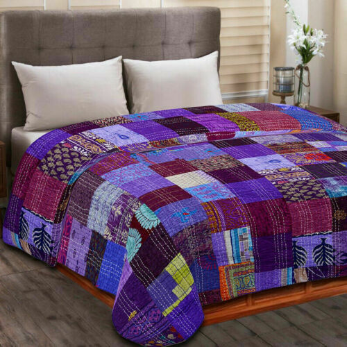 Vintage Patchwork Kantha Bedspread Indian Handmade Quilt Throw Silk Blanket