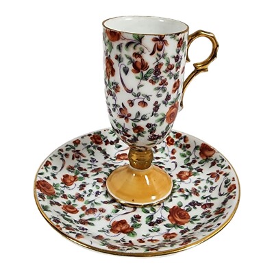 Inarco Red Rose Chintz Footed Tea Cup Demitasse Set With Original Sticker E-836