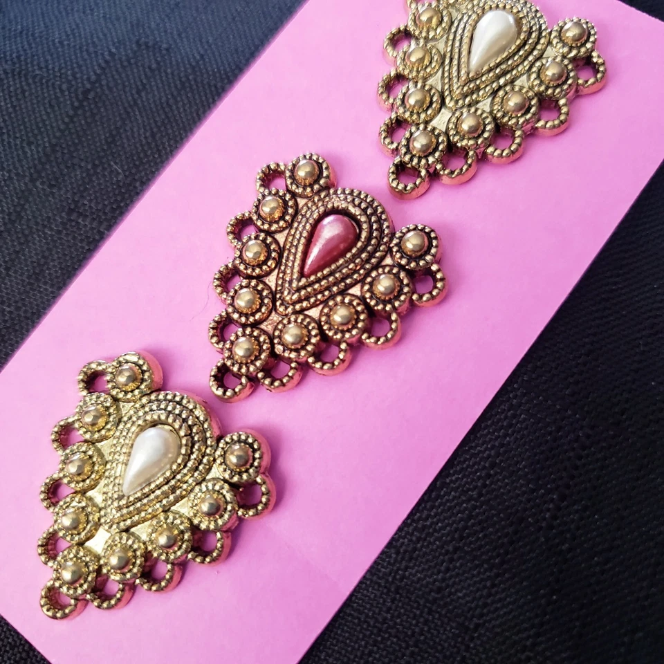 3x Vintage 3cm Faux Pearl Teardrop Ornate Gold-Toned Buttons Shank Rose-Gold - Image 4 of 4