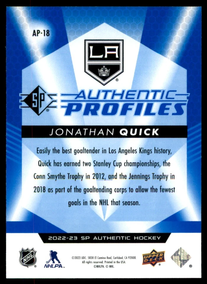 2022-23 SP Authentic Profiles Blue Jonathan Quick #AP-18 - Image 2 of 2