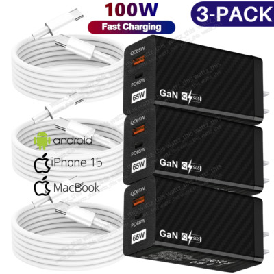 65W Fast Wall Charger Power Adapter 100W Cable For iPhone 15 Pro Max MacBook Lot