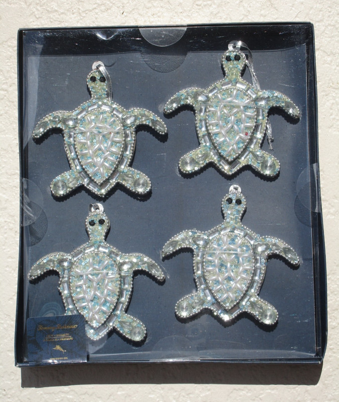 TOMMY BAHAMA FLY by NIGHT Ornaments (4) TURTLES BLUE SILVER BEADED NIB