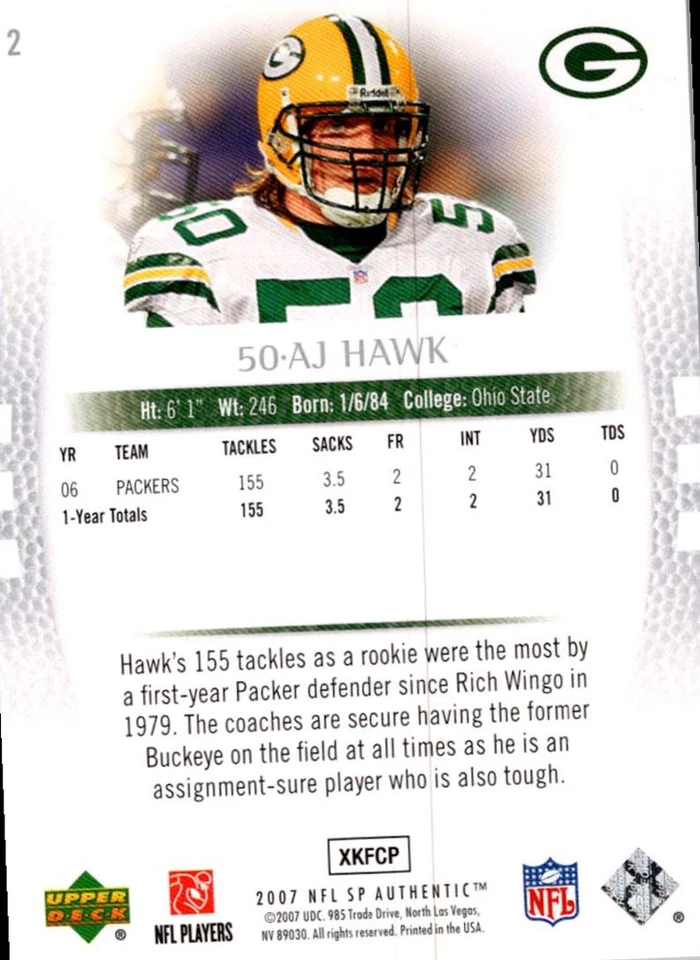 2007 SP Authentic A.J. Hawk Green Bay Packers #2 - Image 2 of 2