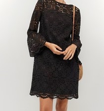 J Crew Black Embroidered Shift Dress Sz 4 Eyelet Bell Sleeve Scalloped Lined NWT