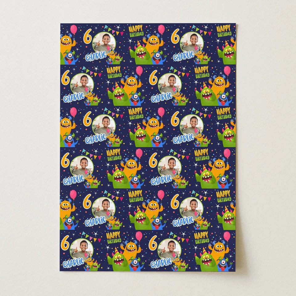 Personalised Wrapping Paper Kids Birthday Monsters Photo Navy Custom Gift Wrap - Image 3 of 4