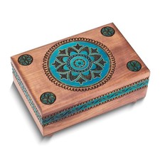Handcrafted Solid Wood Blue Floral Carved and Painted Secret Puzzle Box
