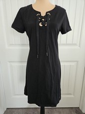Calvin Klein Black Stretch Lace-Up Front Short Sleeve Dress M Logo Goldtone
