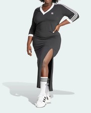 Adidas Originals 3 Stripe Maxi w/Slit Dress 3/4 Sleeve V-Neck Women's Plus New