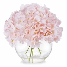 ENOVA FLORAL Silk Hydrangea Artificial Flowers in Vase with Faux Water, Pink ...