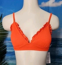 Nwt Cupshe Bikini Top Size Medium  Ribbed Orange Color With Ruffle 