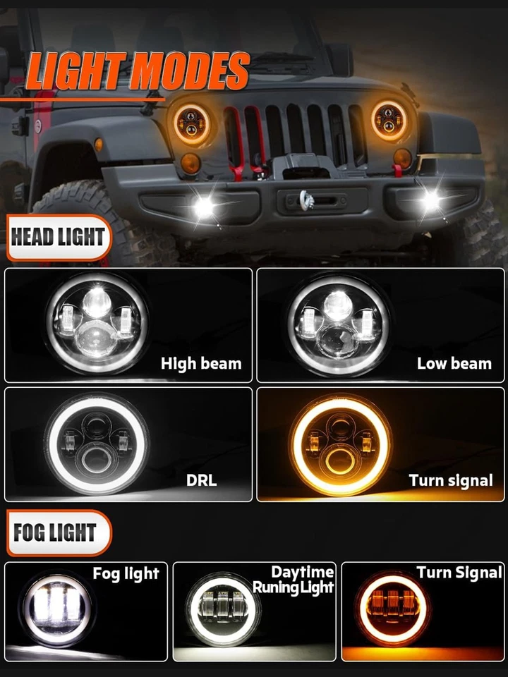 For Hummer H2 H3 H3T 06-10 7" LED Headlights 4" Fog Lights Combo Halo Angel Eyes - Image 2 of 4