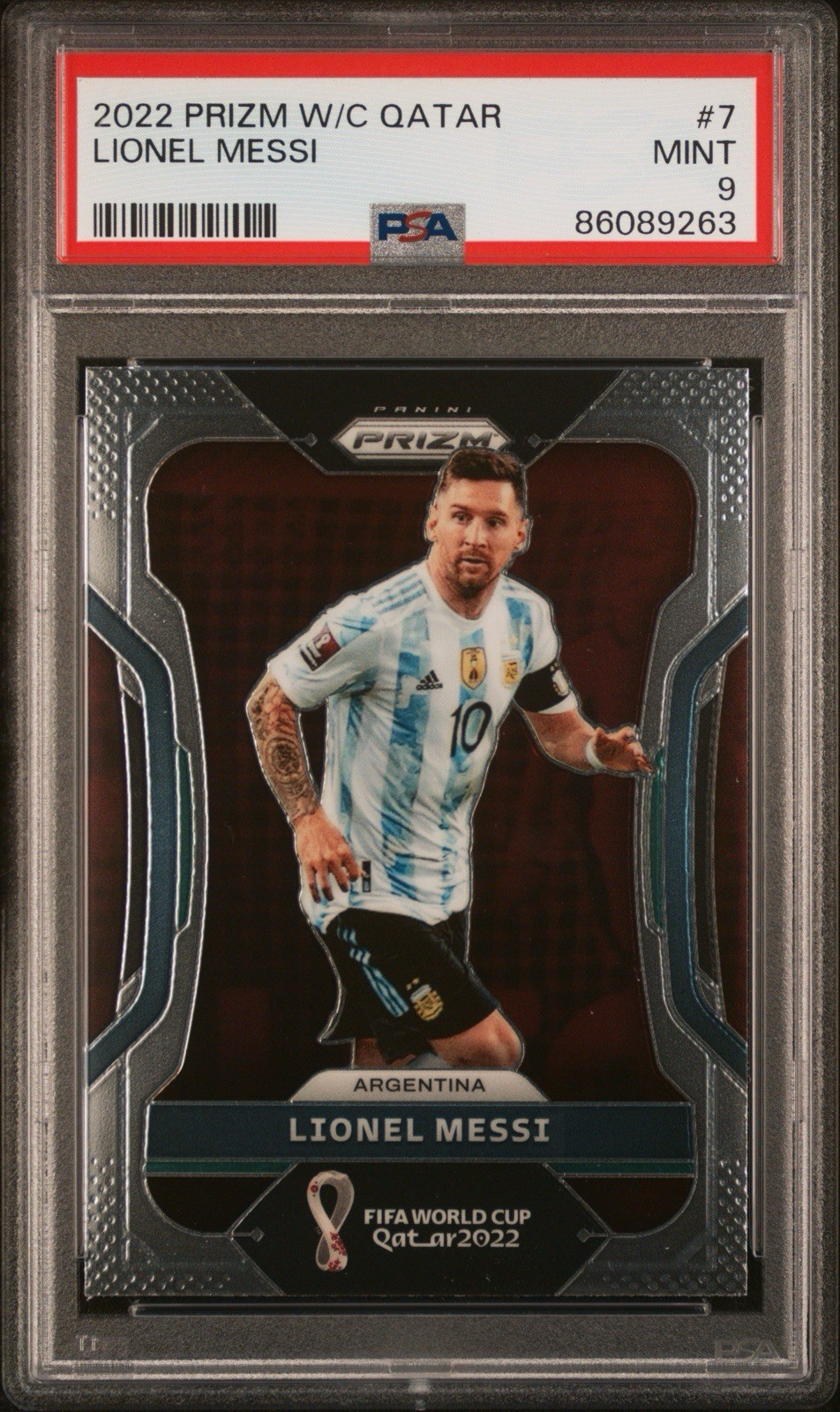 2022 PANINI PRIZM WORLD CUP QATAR #7 LIONEL MESSI PSA 9 ARGENTINA CHAMPIONS 🐐