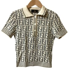 FENDI Zucca Pattern Short Sleeve Knit Polo Shirt in Ivory Gray Women USED