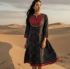 SRISHTI MIDI 3/4 SLEEVE TUNIC KURTIS 100% Cotton Gold Sequin Trim SIZE SMALL