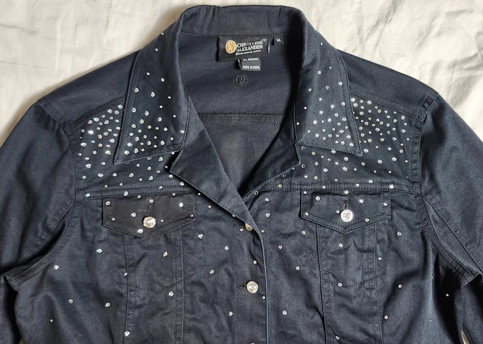 Chaqueta de mezclilla negra adornada Christine Alexander para mujer talla XL DE COLECCIÓN Foto 3 de 4