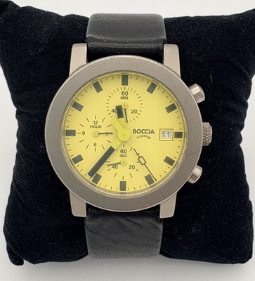 Boccia Titanium Chronograph Watch Yellow Dial Black Leather Band 37mm Quartz
