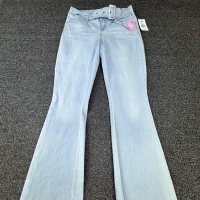 YMI Jeans Womens Juniors 3/26 Light Wash Low Rise Flare Belted Raw Hem