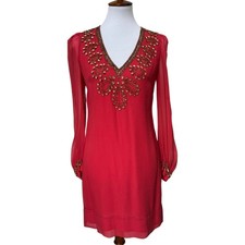 French Connection Women’s Red Silk Dress Puff Sleeve Beaded Lined Size 4