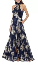 Betsy & Adam Blue Gold Sz 12 Mock Neck Pockets Flowy Gown $299