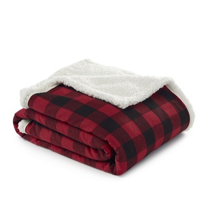 Luxury Reversible Blanket, Sherpa Fleece Plaid Throw, Red