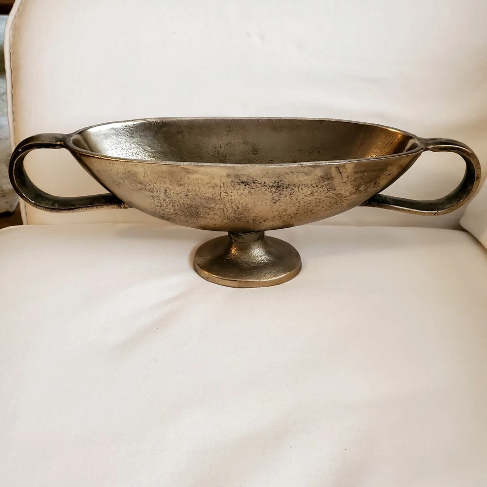 Heavy Silver Metal Oblong Pedestal Bowl With Handles- Handmade And Primitive - Image 2 of 4