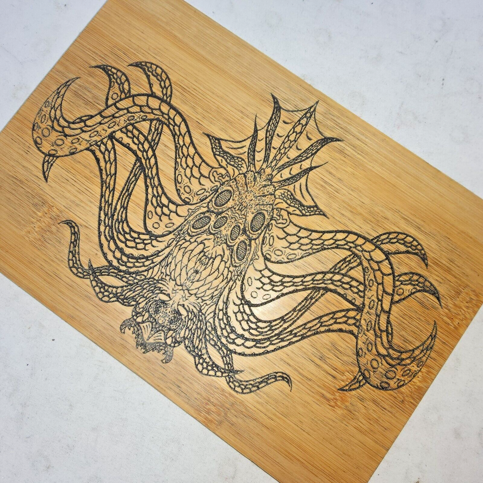 Laser etched cthulhu cutting board 6x8 bamboo engraved digital drawing my art