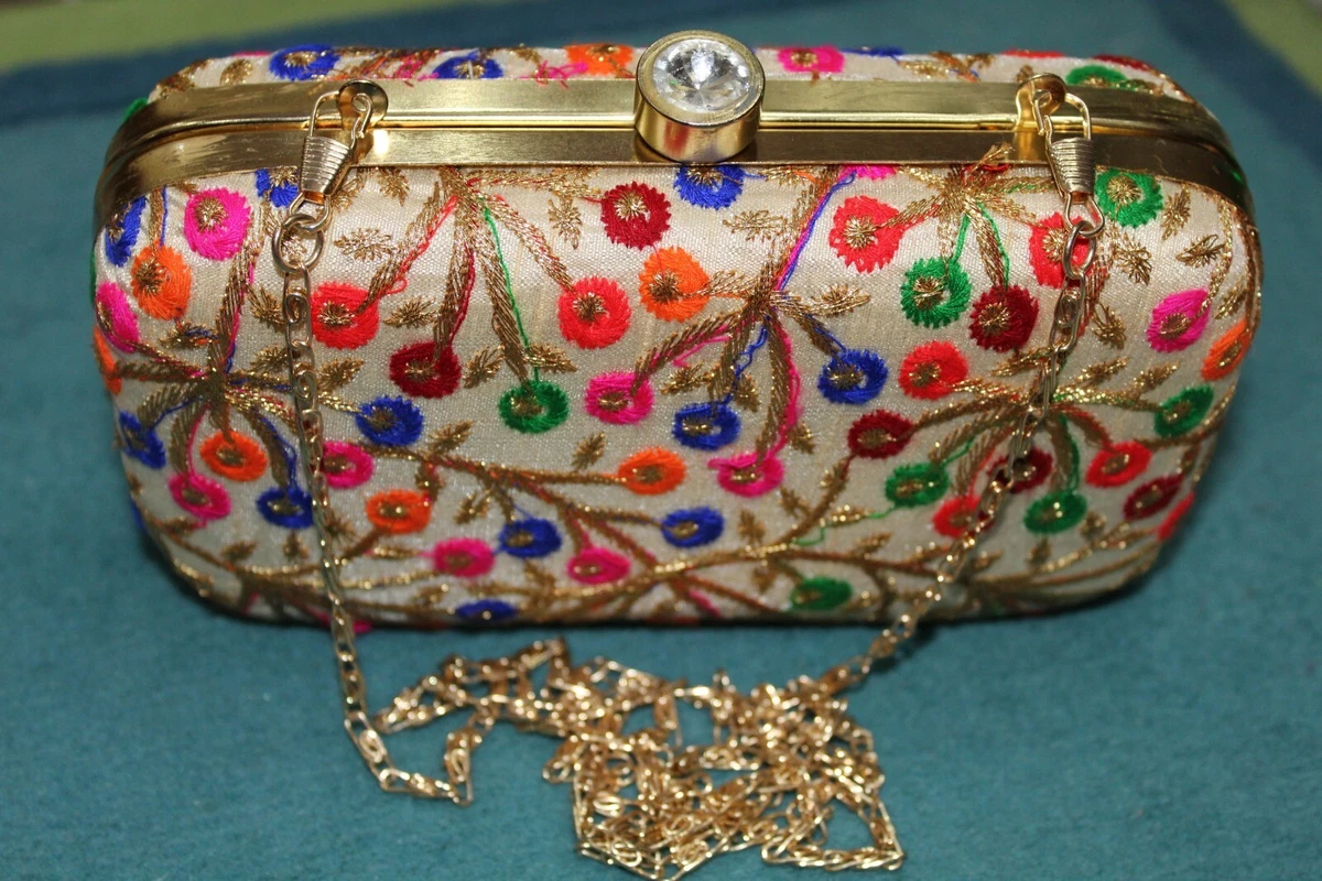 Indian Wedding multi color Clutch Pouch Bag Bridal thread sequin work purse