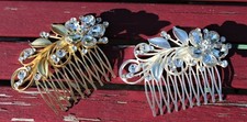 Fancy Flower Hair Comb with Crystal Rhinestones and Brushed Metal Leaves
