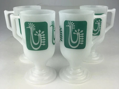 4 Federal Milk Glass Pedestal Coffee Cups Turquoise Rooster D Handle MCM Vintage